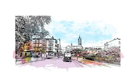 Building view with landmark of Lowell is a city in Massachusetts. Watercolor splash with hand drawn sketch illustration in vector.のイラスト素材