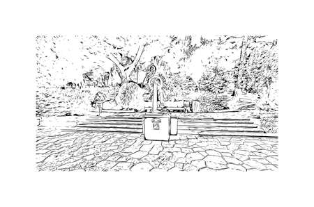 Building view with landmark of Manako is the village in Mali. Hand drawn sketch illustration in vector.のイラスト素材