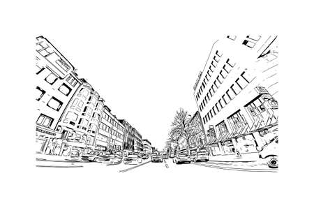 Building view with landmark of Monchengladbach is a city in west Germany. Hand drawn sketch illustration in vector.のイラスト素材