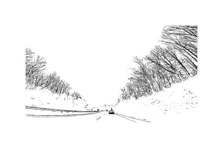 Building view with landmark of Monchengladbach is a city in west Germany. Hand drawn sketch illustration in vector.のイラスト素材