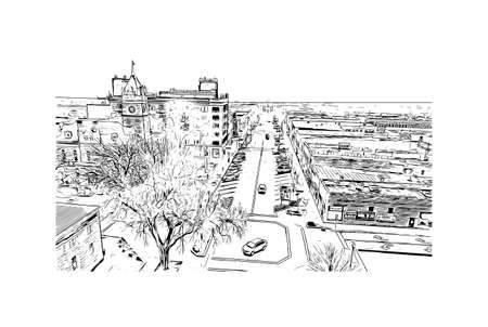 Building view with landmark of Manhattan is the most populated city in New York City. Hand drawn sketch illustration in vector.のイラスト素材