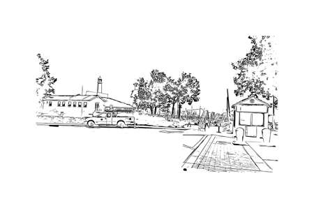 Building view with landmark of Monterey is the city in California. Hand drawn sketch illustration in vector.のイラスト素材