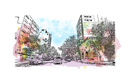 Building view with landmark of Montevideo is the capital of Uruguay. Watercolor splash with hand drawn sketch illustration in vector.のイラスト素材