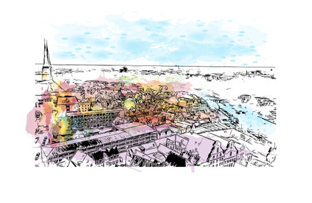 Building view with landmark of Lubeck is the 
city in Germany. Watercolor splash with hand drawn sketch illustration in vector.のイラスト素材