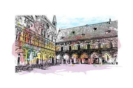 Building view with landmark of Lubeck is the 
city in Germany. Watercolor splash with hand drawn sketch illustration in vector.のイラスト素材