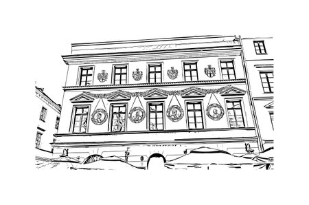 Building view landmark of Lublin is the city in Poland. Watercolor splash with hand drawn sketch illustration in vector.のイラスト素材