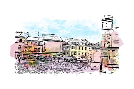 Building view landmark of Lublin is the city in Poland. Watercolor splash with hand drawn sketch illustration in vector.のイラスト素材