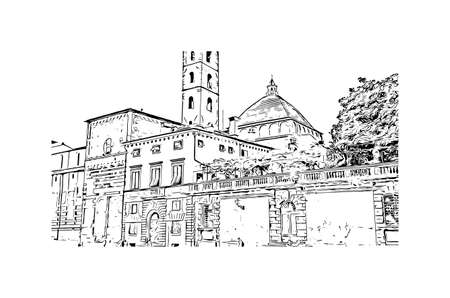 Building view with landmark of Lucca is a city on the Serchio river in Italy. Hand drawn sketch illustration in vector.のイラスト素材