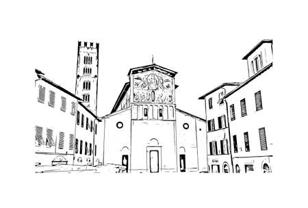 Building view with landmark of Lucca is a city on the Serchio river in Italy. Hand drawn sketch illustration in vector.のイラスト素材