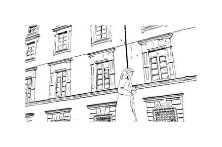 Building view with landmark of Lucca is a city on the Serchio river in Italy. Hand drawn sketch illustration in vector.のイラスト素材