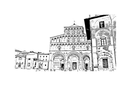 Building view with landmark of Lucca is a city on the Serchio river in Italy. Hand drawn sketch illustration in vector.のイラスト素材