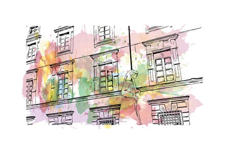 Building view with landmark of Lucca is a city on the Serchio river in Italy. Watercolor splash with hand drawn sketch illustration in vector.のイラスト素材