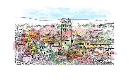 Building view with landmark of Lucca is a city on the Serchio river in Italy. Watercolor splash with hand drawn sketch illustration in vector.のイラスト素材