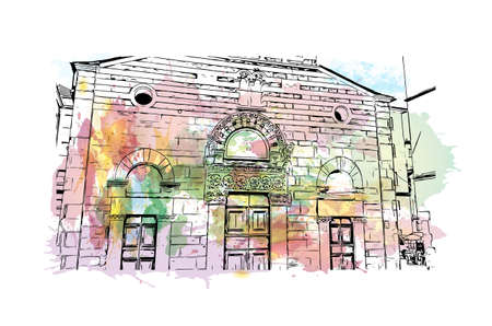 Building view with landmark of Lucca is a city on the Serchio river in Italy. Watercolor splash with hand drawn sketch illustration in vector.のイラスト素材