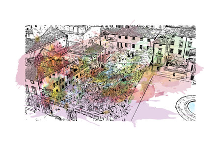 Building view with landmark of Lucca is a city on the Serchio river in Italy. Watercolor splash with hand drawn sketch illustration in vector.のイラスト素材