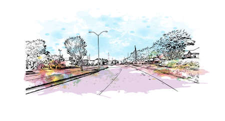 Building view with landmark of McKinney is the 
city in Texas. Watercolor splash with hand drawn sketch illustration in vector.のイラスト素材