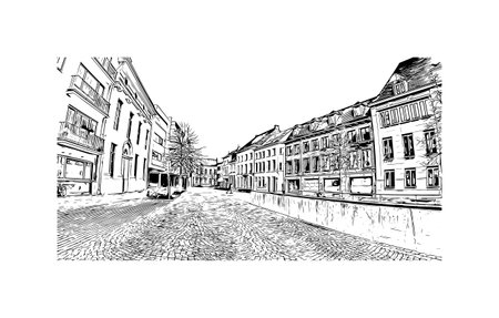 Building view with landmark of Mechelen is the 
city in Belgium. Hand drawn sketch illustration in vector.のイラスト素材