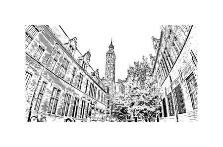 Building view with landmark of Mechelen is the 
city in Belgium. Hand drawn sketch illustration in vector.のイラスト素材