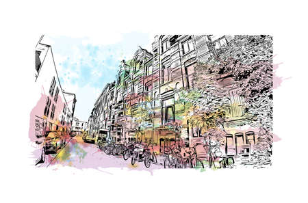 Building view with landmark of Mechelen is the 
city in Belgium. Watercolor splash with hand drawn sketch illustration in vector.のイラスト素材