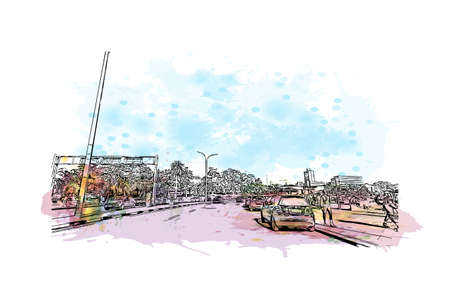 Building view with landmark of Montevideo is the capital of Uruguay. Watercolor splash with hand drawn sketch illustration in vector.のイラスト素材