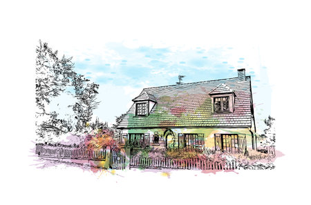 Building view with landmark of Montlucon is the 
commune in France. Hand drawn sketch illustration in vector.のイラスト素材
