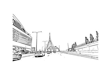 Building view with landmark of Medford is a city in southern Oregon. Hand drawn sketch illustration in vector.のイラスト素材