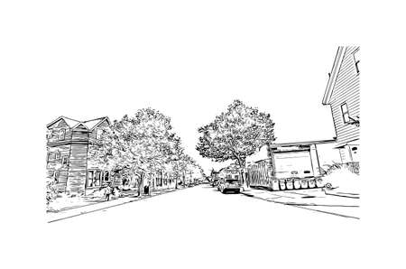 Building view with landmark of Medford is a city in southern Oregon. Hand drawn sketch illustration in vector.のイラスト素材