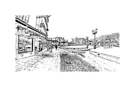 Building view with landmark of Megeve is the 
commune in France. Hand drawn sketch illustration in vector.のイラスト素材