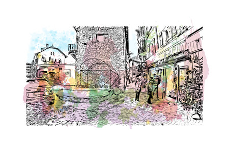 Building view with landmark of Megeve is the 
commune in France. Watercolor splash with hand drawn sketch illustration in vector.のイラスト素材