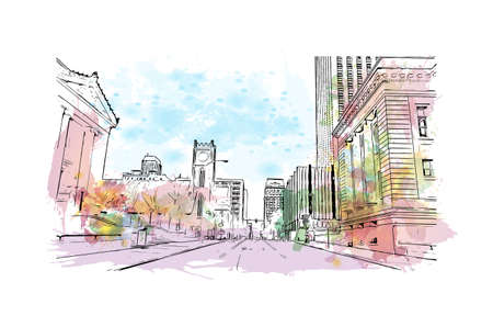 Building view with landmark of Memphis is the 
city in Tennessee. Watercolor splash with hand drawn sketch illustration in vector.のイラスト素材