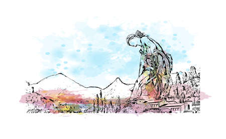 Building view with landmark of Menton is the commune in France. Watercolor splash with hand drawn sketch illustration in vector.のイラスト素材