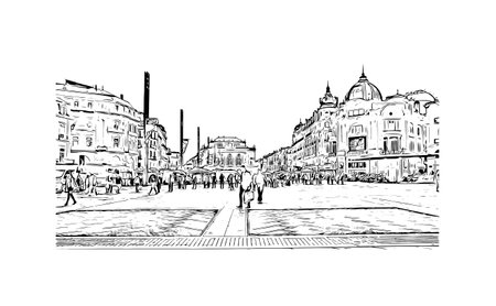 Building view with landmark of Montpellier is the city in France. Hand drawn sketch illustration in vector.のイラスト素材