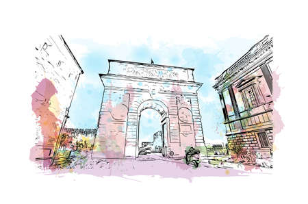 Building view with landmark of Montpellier is the city in France. Watercolor splash with hand drawn sketch illustration in vector.のイラスト素材