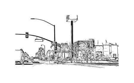 Building view with landmark of Moreno Valley City in California. Hand drawn sketch illustration in vector.のイラスト素材