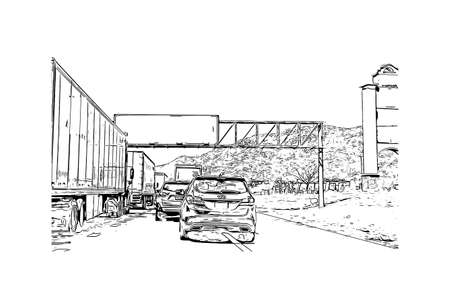 Building view with landmark of Moreno Valley City in California. Hand drawn sketch illustration in vector.のイラスト素材