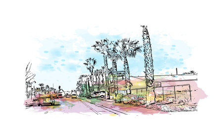 Building view with landmark of Moreno Valley City in California. Watercolor splash with hand drawn sketch illustration in vector.のイラスト素材