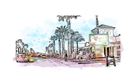 Building view with landmark of Moreno Valley City in California. Watercolor splash with hand drawn sketch illustration in vector.のイラスト素材