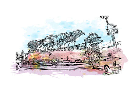Building view with landmark of Morro Bay is a coastal city in California. Watercolor splash with hand drawn sketch illustration in vector.のイラスト素材