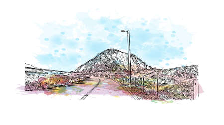 Building view with landmark of Morro Bay is a coastal city in California. Watercolor splash with hand drawn sketch illustration in vector.のイラスト素材