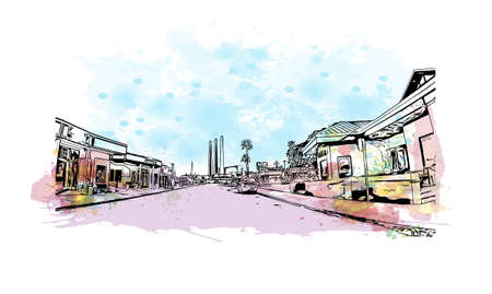 Building view with landmark of Morro Bay is a coastal city in California. Watercolor splash with hand drawn sketch illustration in vector.のイラスト素材