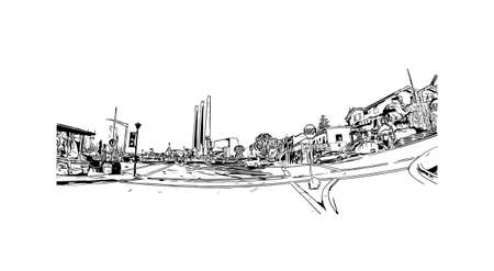 Building view with landmark of Morro Bay is a coastal city in California. Hand drawn sketch illustration in vector.のイラスト素材