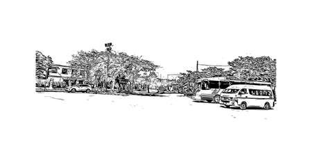 Building view with landmark of Merida is the city in Mexico. Hand drawn sketch illustration in vector.のイラスト素材