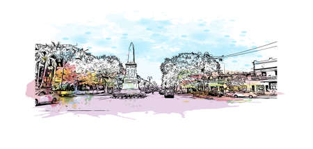 Building view with landmark of Merida is the 
city in Mexico. Watercolor splash with hand drawn sketch illustration in vector.のイラスト素材