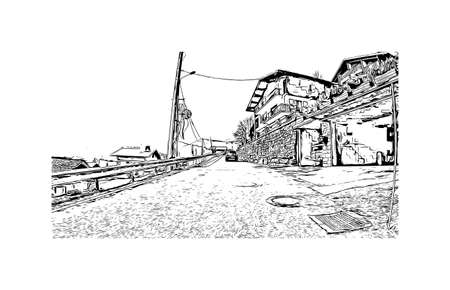 Building view with landmark of Morzine is the commune in France. Hand drawn sketch illustration in vector.のイラスト素材