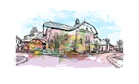 Building view with landmark of Morzine is the commune in France. Watercolor splash with hand drawn sketch illustration in vector.のイラスト素材