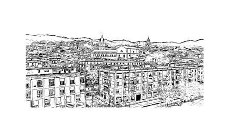 Building view with landmark of Messina is the city in Italy. Hand drawn sketch illustration in vector.のイラスト素材