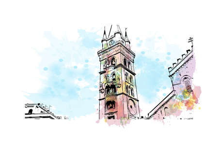 Building view with landmark of Messina is the city in Italy. Watercolor splash with hand drawn sketch illustration in vector.のイラスト素材