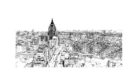 Building view with landmark of Moscow is the 
capital of Russia. Hand drawn sketch illustration in vector.のイラスト素材