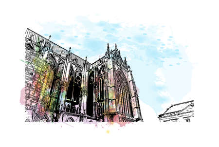 Building view with landmark of Metz is a city in France. Watercolor splash with hand drawn sketch illustration in vector.のイラスト素材