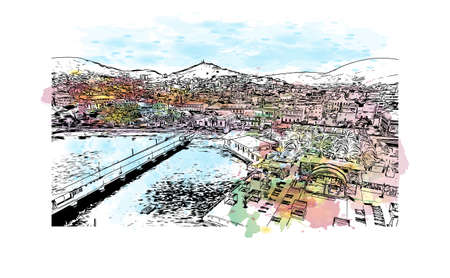 Building view with landmark of Mindelo is the city in Cape Verde. Watercolor splash with hand drawn sketch illustration in vector.のイラスト素材